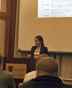 SJP Steering Committee member Nadeen Sarsour speaks in support of the divestment resolution
